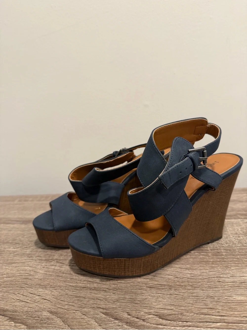 Indigo Navy Crisscross Wedge Sandals with Wood-Textured Platform